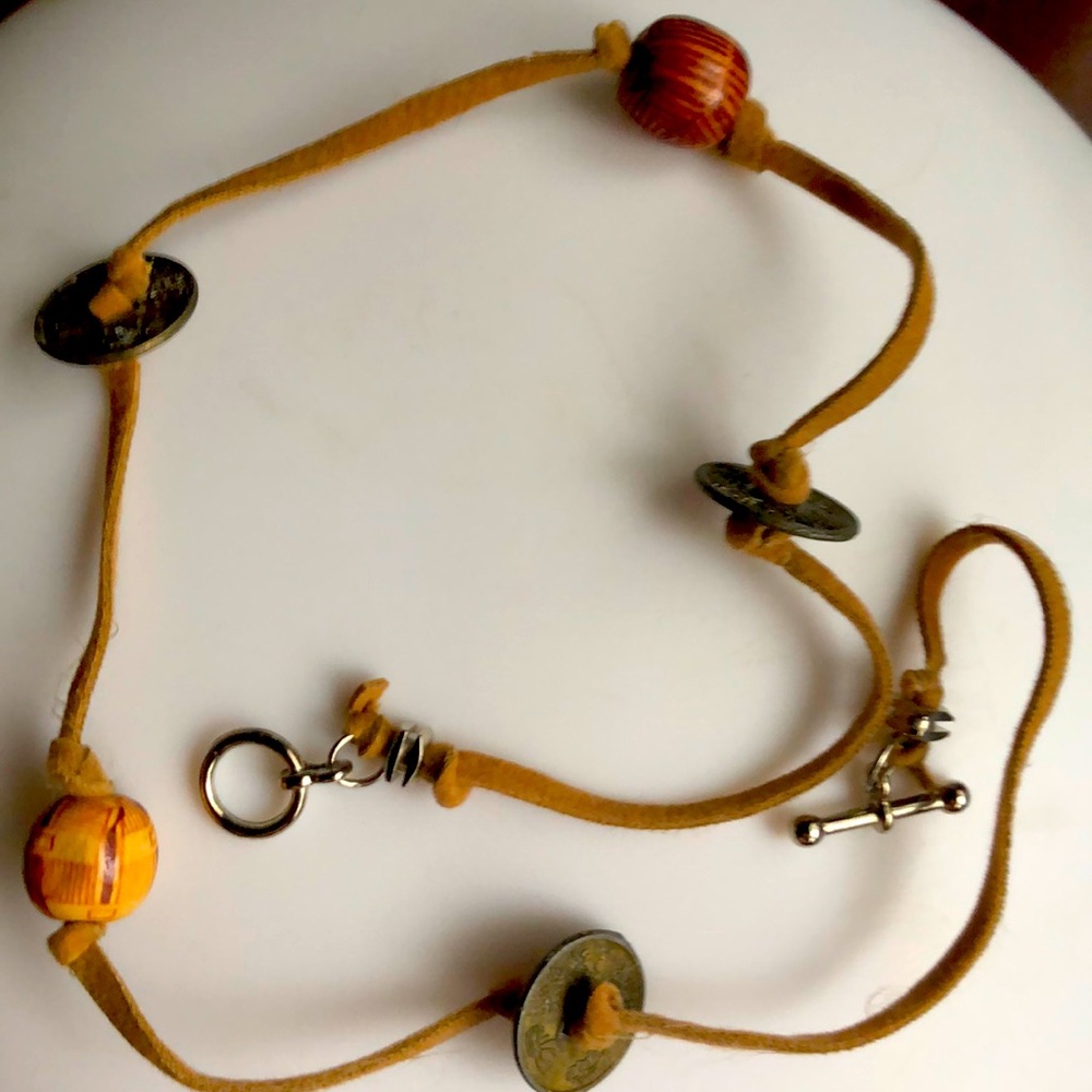 14 inch brown suede toggle necklace with wooden beads and copper disc!